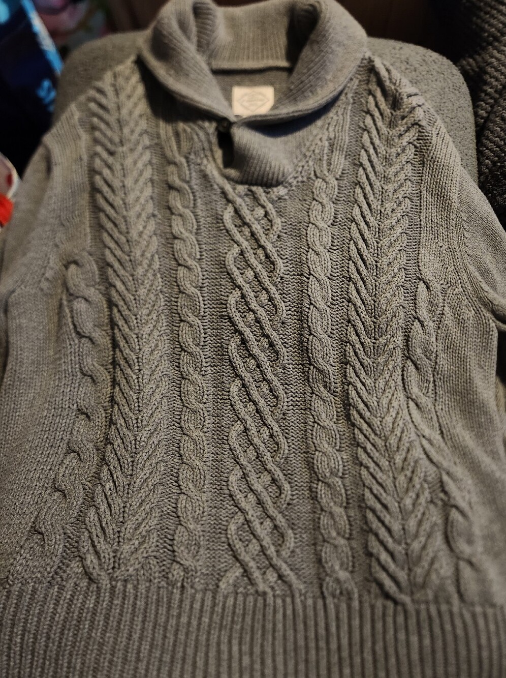 St. John’s Bay Men’s L Gray Cable Knit Shawl Collar Grandpacore Sweater Cotton